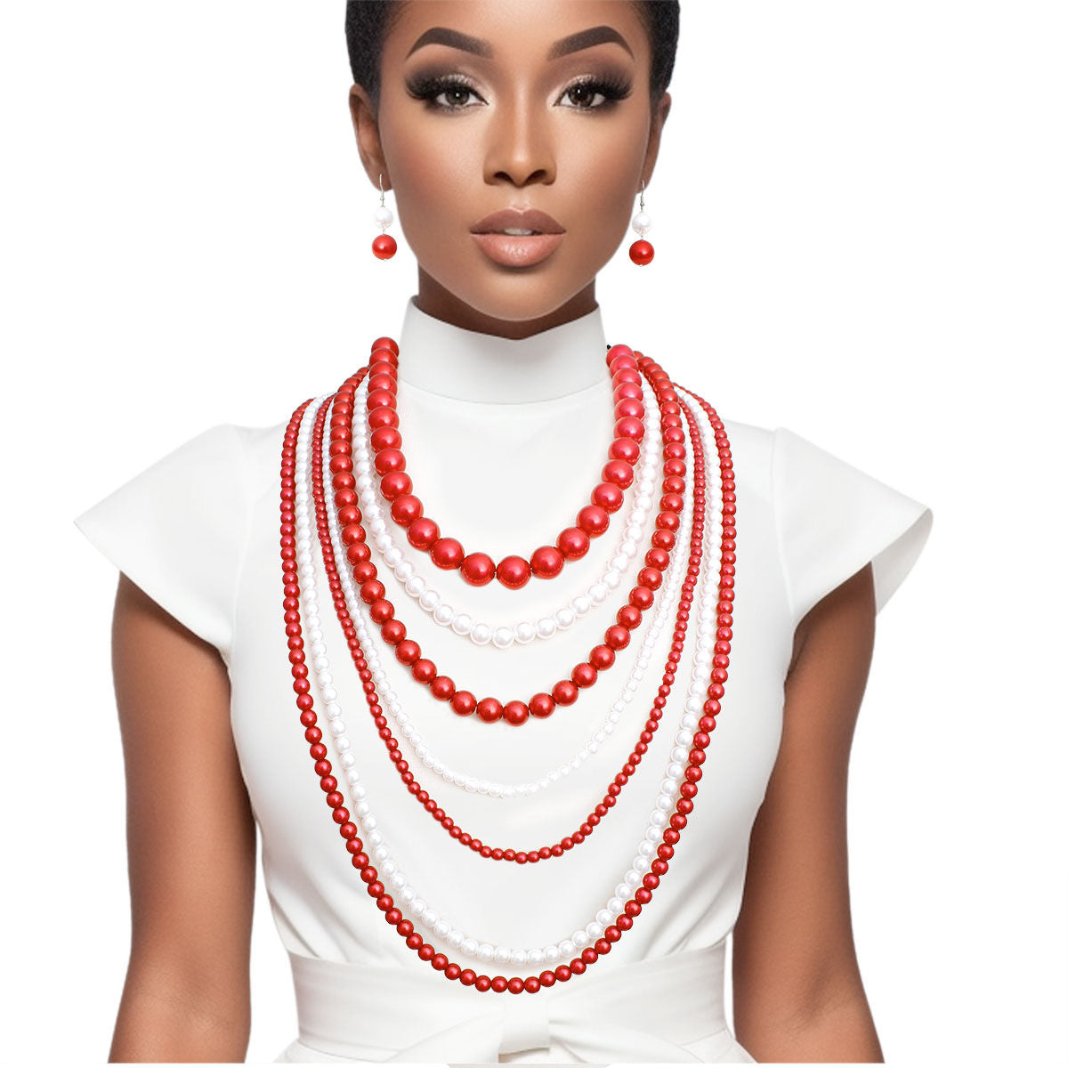 Red White Pearl Long 7 Row Necklace