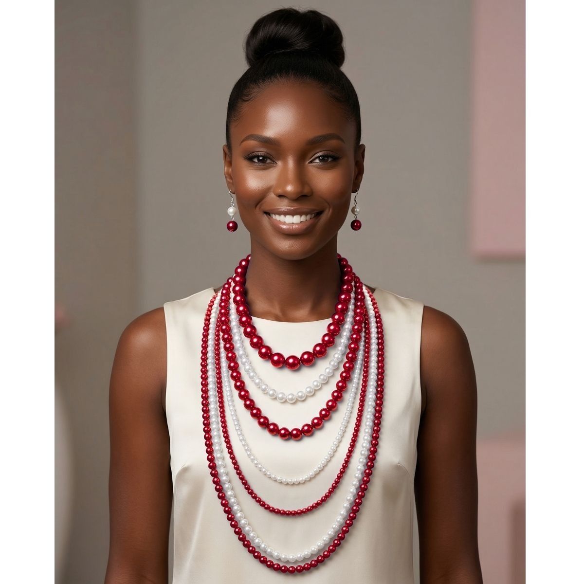 Red White Pearl Long 7 Row Necklace
