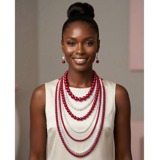 Red White Pearl Long 7 Row Necklace