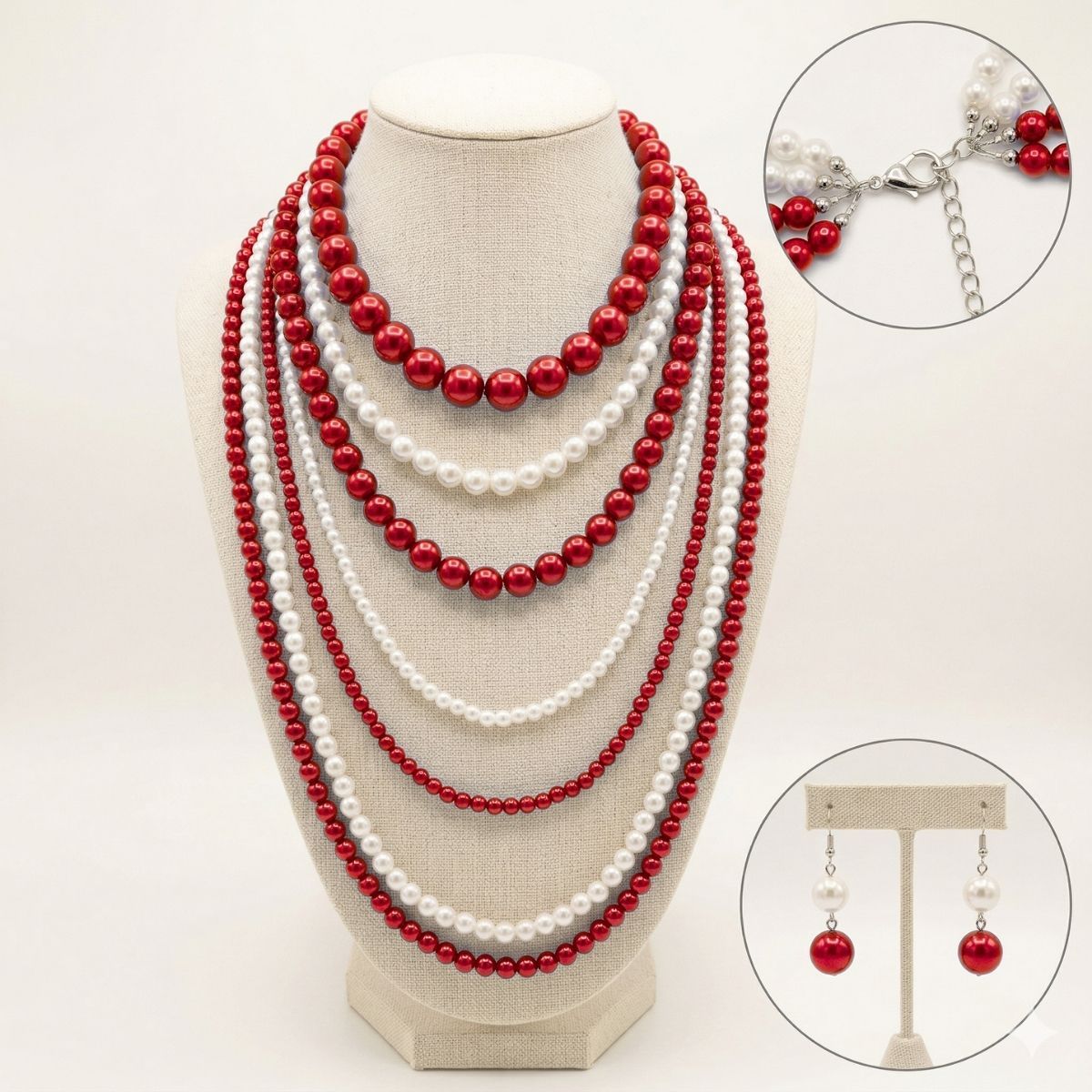 Red White Pearl Long 7 Row Necklace