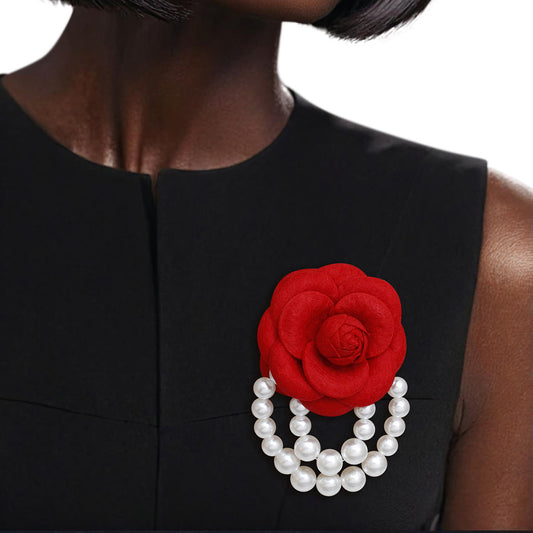 Red Flower Draped Pearls Brooch Pin