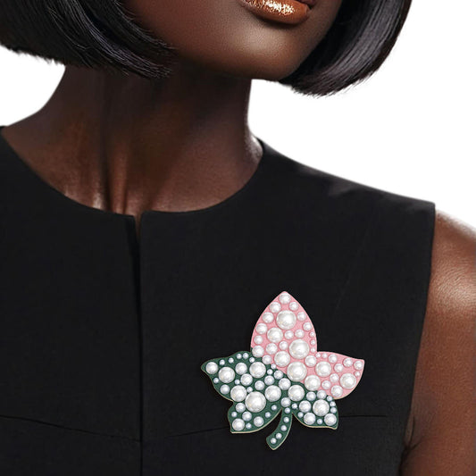 Pink Green Ivy Leaf Wood Pearl Brooch