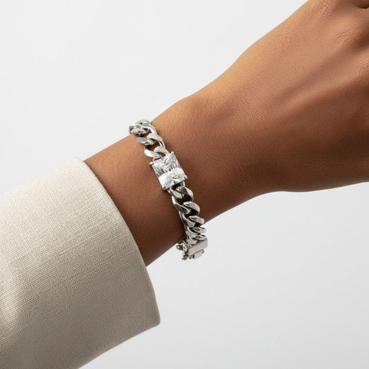 Silver Steel Princess CZ Cuban Chain Bracelet