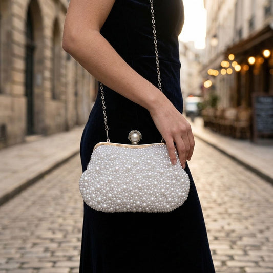 White Pearl Hand Sewn Bridal Clutch Evening Bag