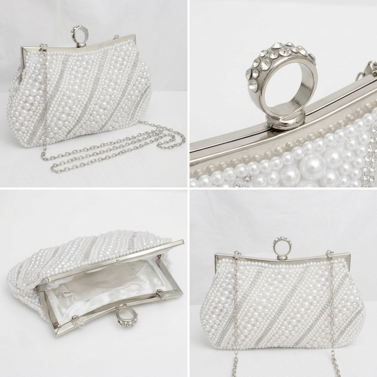 White Pearl Rhinestone Hand Sewn Evening Clutch