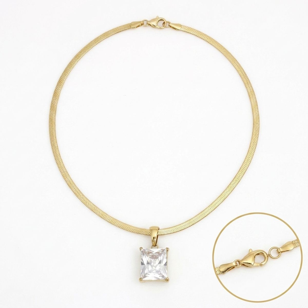 18k Gold Steel Radiant Cut CZ Pendant Necklace