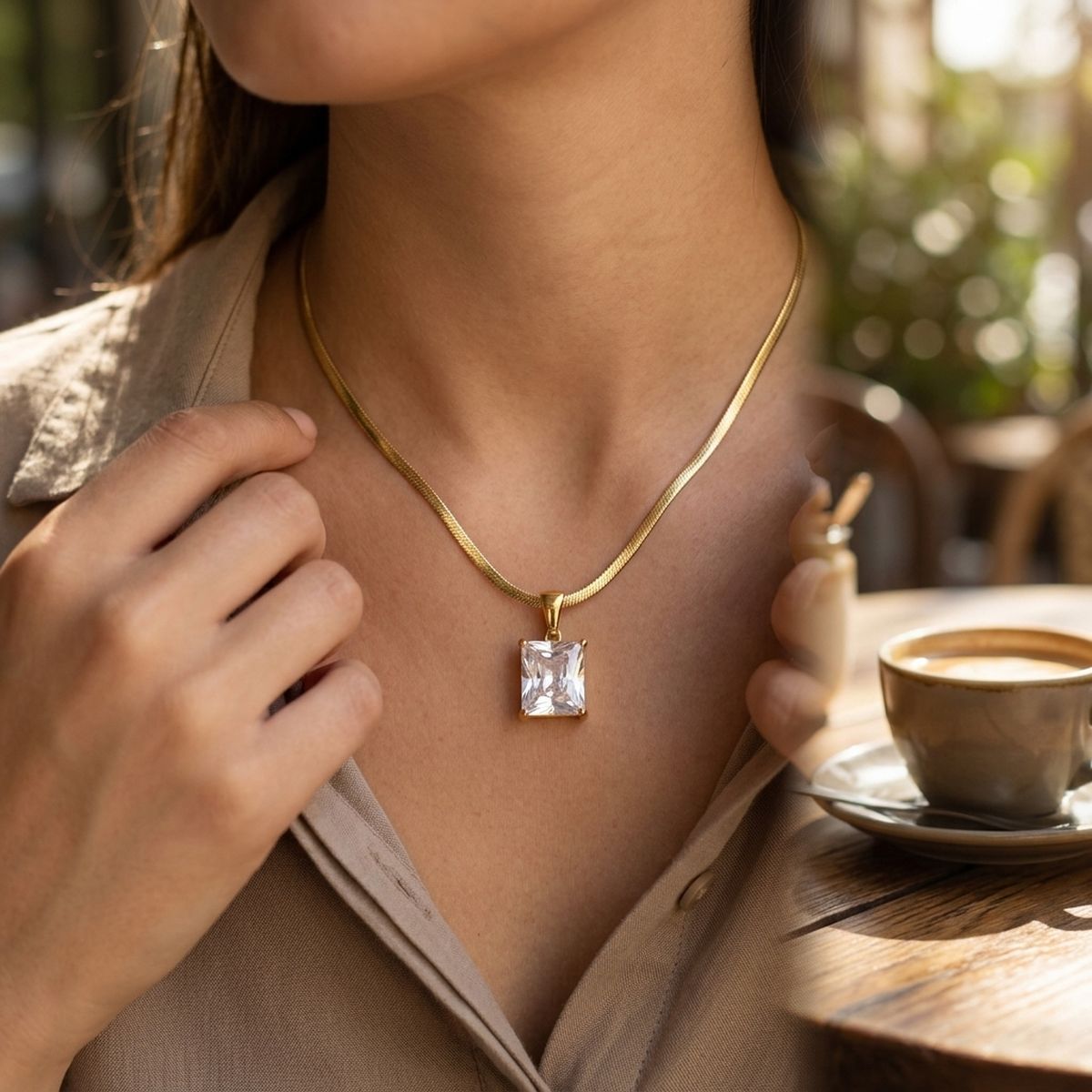 18k Gold Steel Radiant Cut CZ Pendant Necklace
