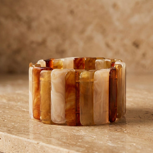 Stretch Marbled Brown Resin Rectangle Bracelet