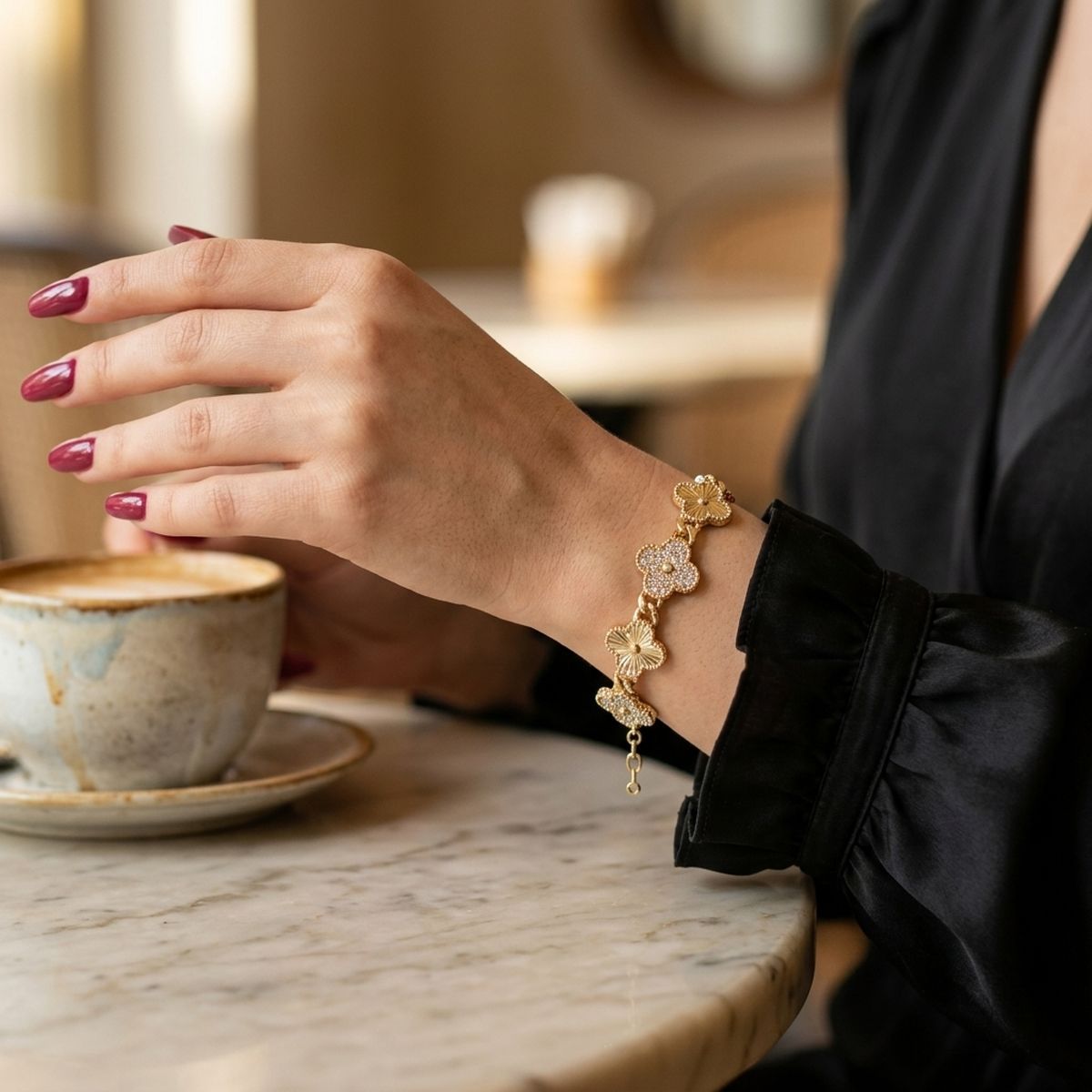 Chain Gold Quatrefoil Clover Link CZ Bracelet