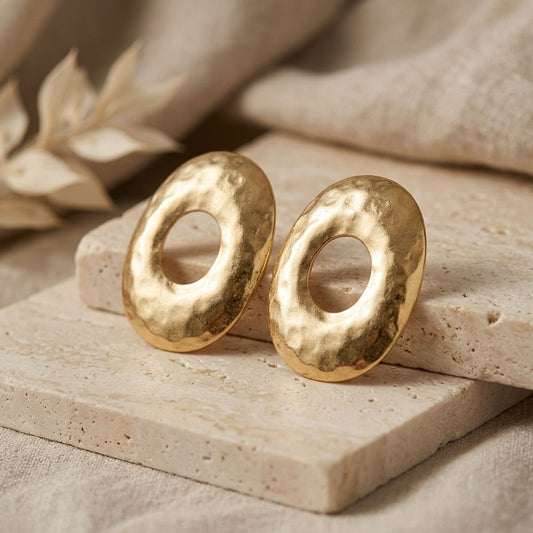 Stud Brushed Gold Hammered Domed Oval Earrings