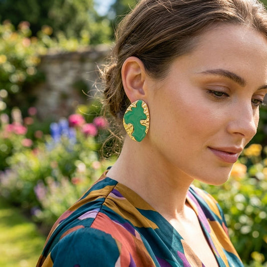 Stud Green and Gold Molten Metal Retro Earrings