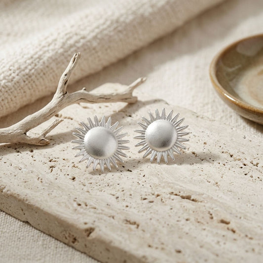 Stud Brushed Silver Domed Sun and Rays Earrings