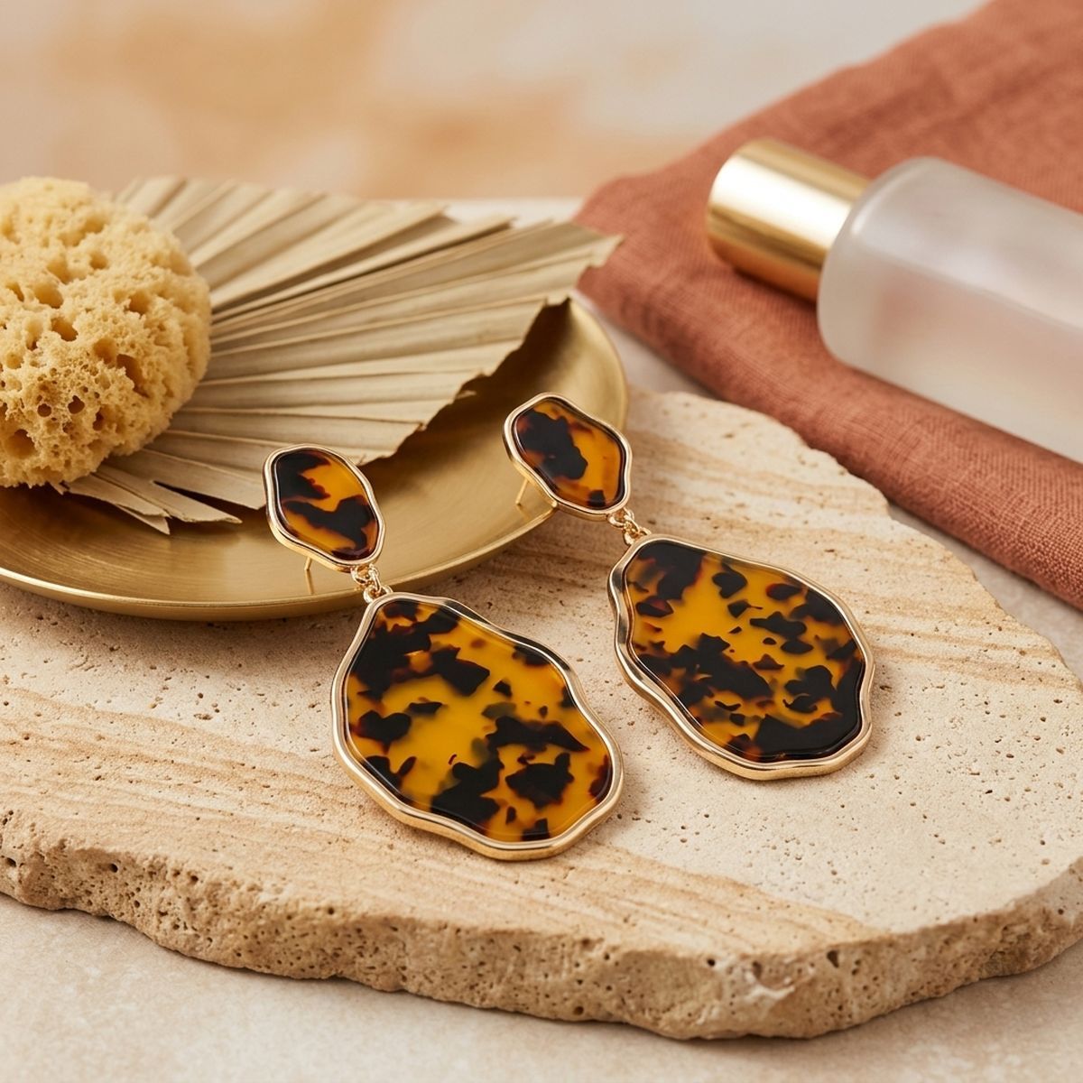 Brown Leopard Organic Teardrop Gold Earrings