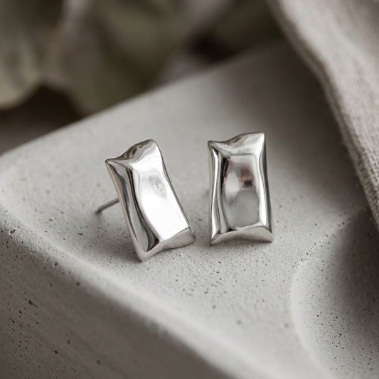 Stud Matte Silver Bent Rectangle Domed Earrings