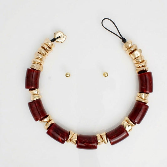 Vintage Marble Burgundy Resin Bead Toggle Necklace