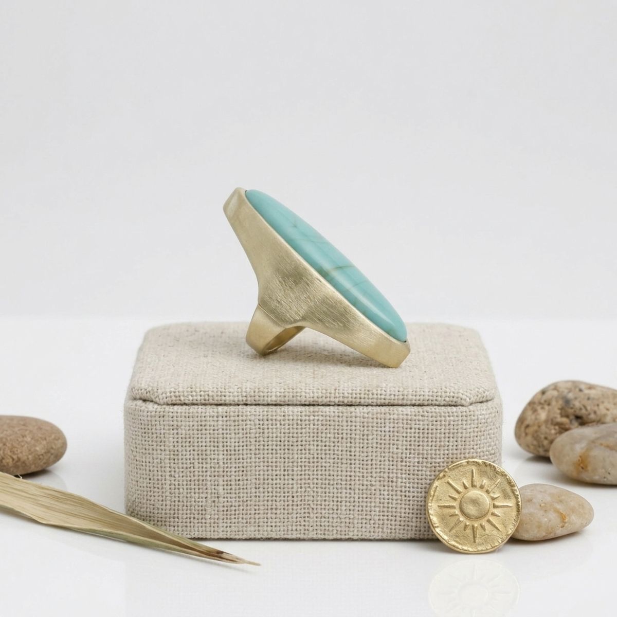 Cocktail Turquoise Elongated Oval Matte Gold Ring