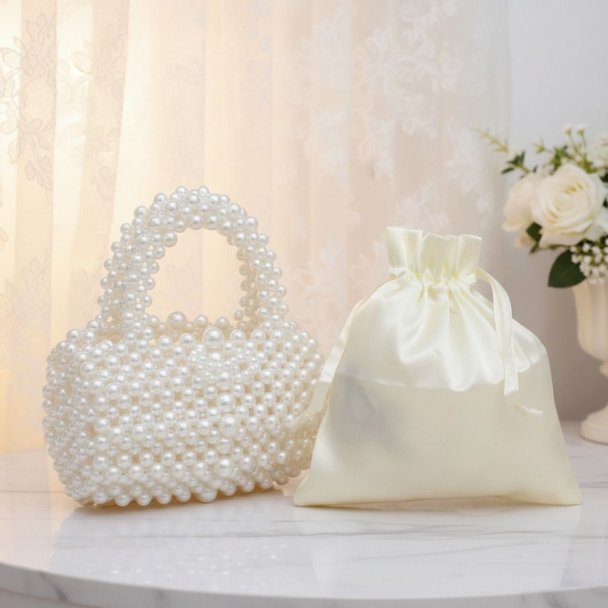 Barrel Bag Luminous Cream Pearl Woven Handbag