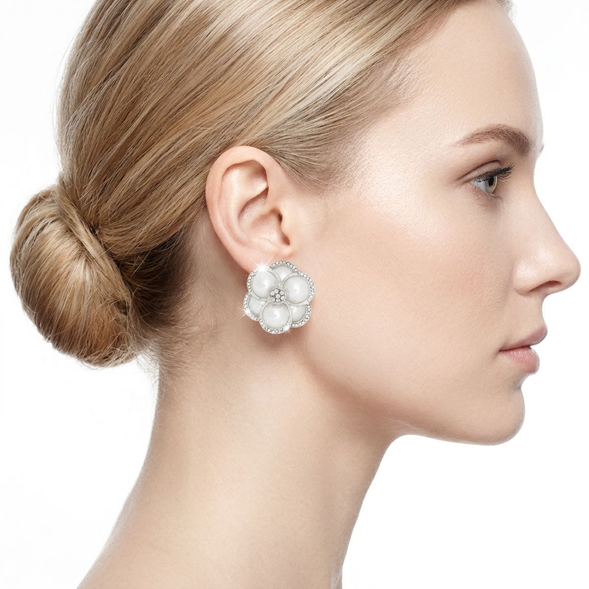 Clip on Silver Stacked Pearl Dome Pave Earrings