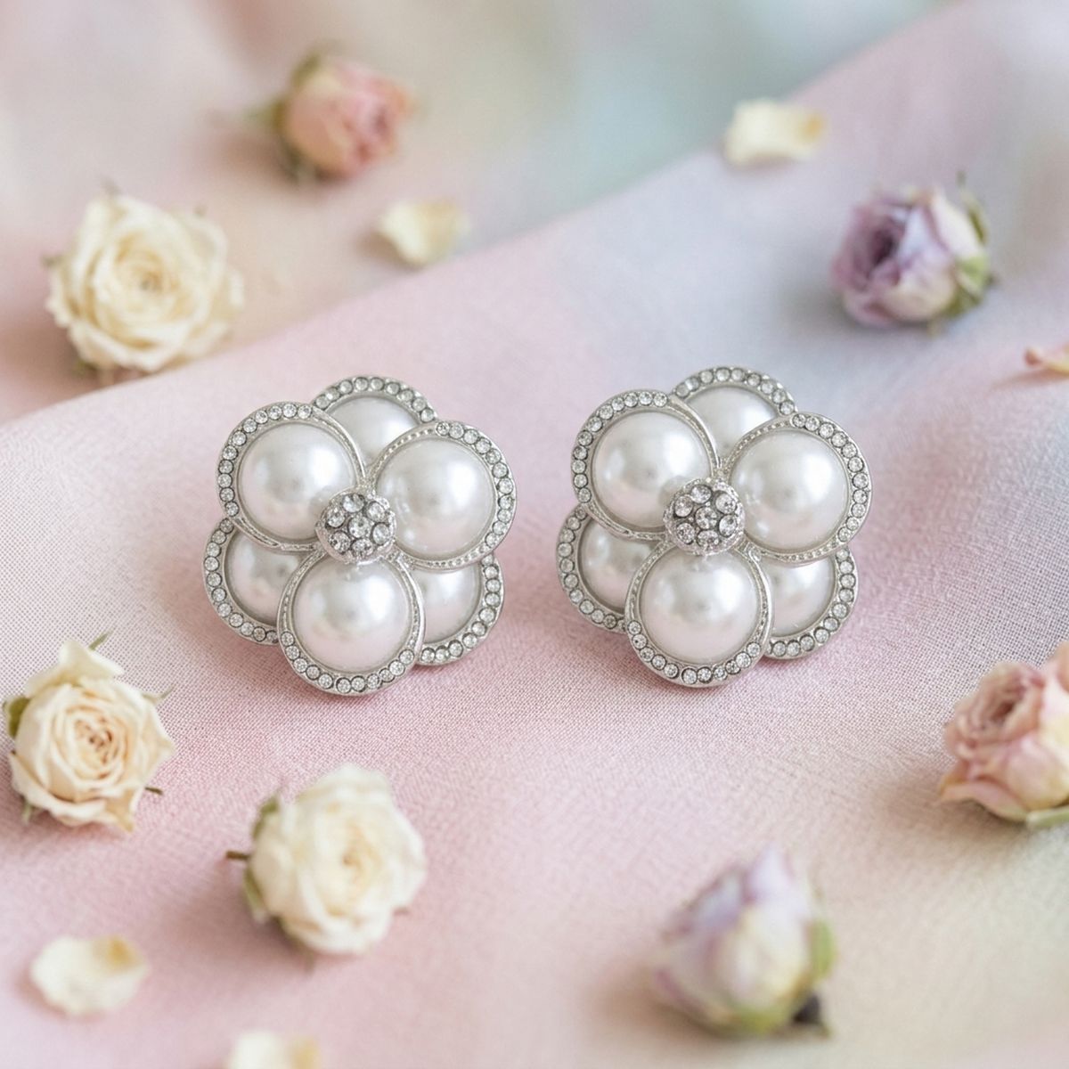 Clip on Silver Stacked Pearl Dome Pave Earrings