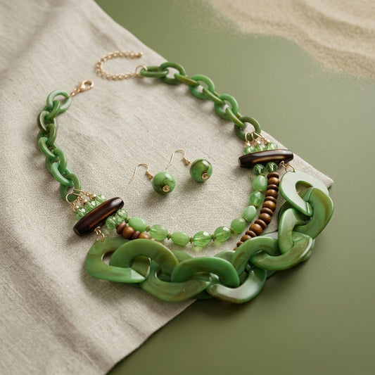 Sage Green Bib Wood Bead and Link Layer Necklace