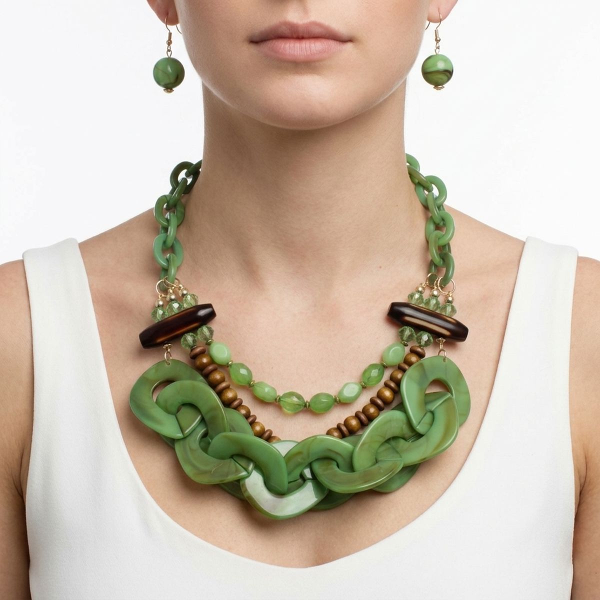 Sage Green Bib Wood Bead and Link Layer Necklace