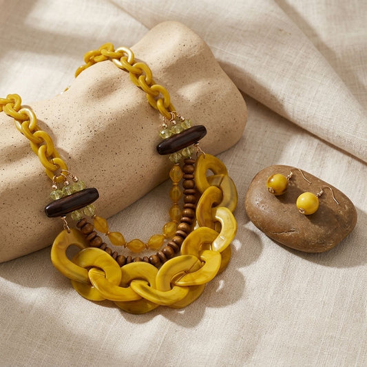 Yellow Bib Wood Bead and Link Layer Necklace