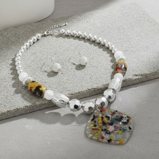 Pendant Confetti Resin White Silver Bead Necklace