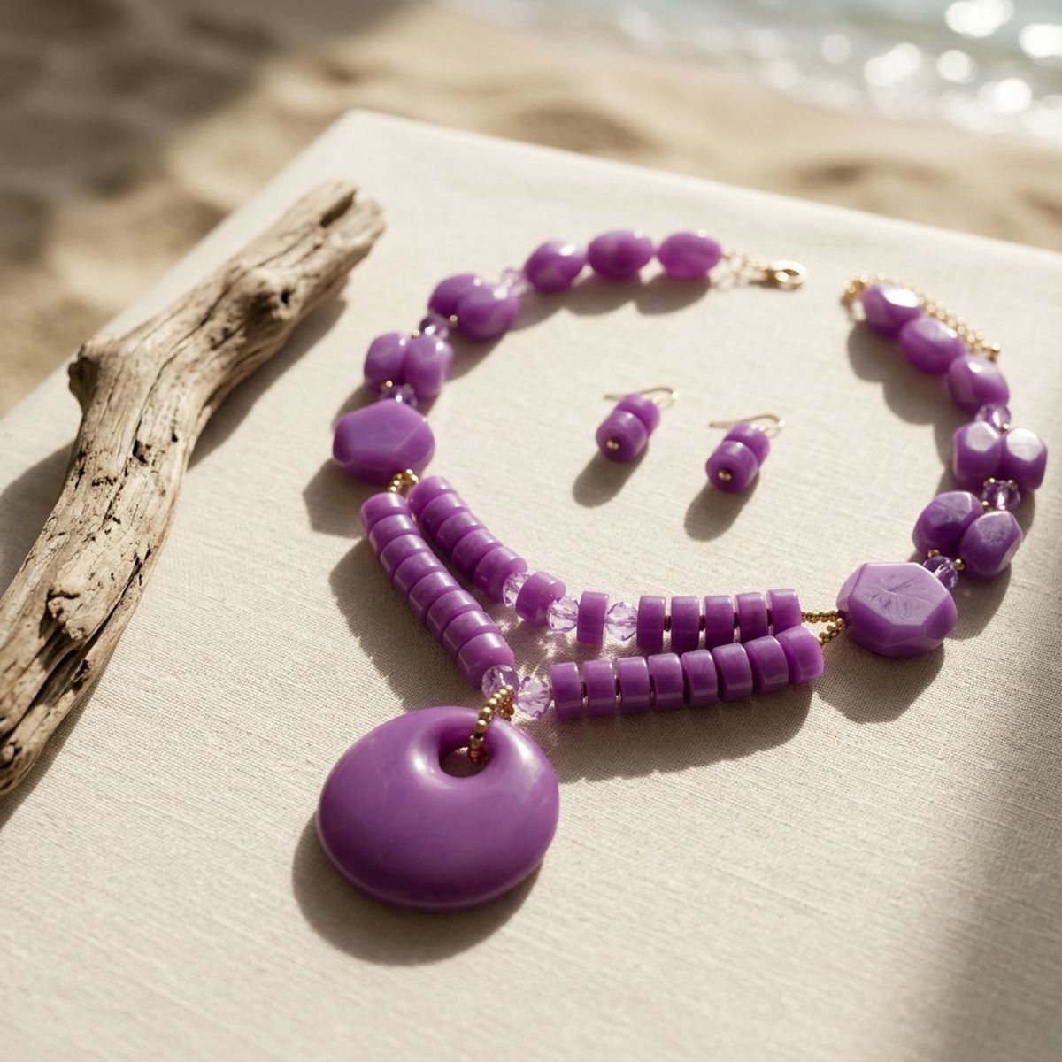 Long Bold Purple Chunky Beaded Pendant Necklace