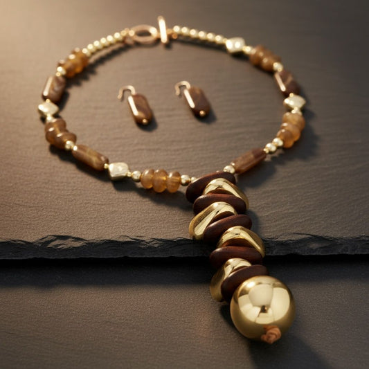 Stacked Wood Bead Marbled Brown Toggle Necklace
