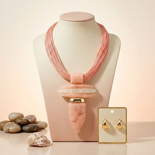 Pink Marbled Horn Pendant Multi Cord Necklace