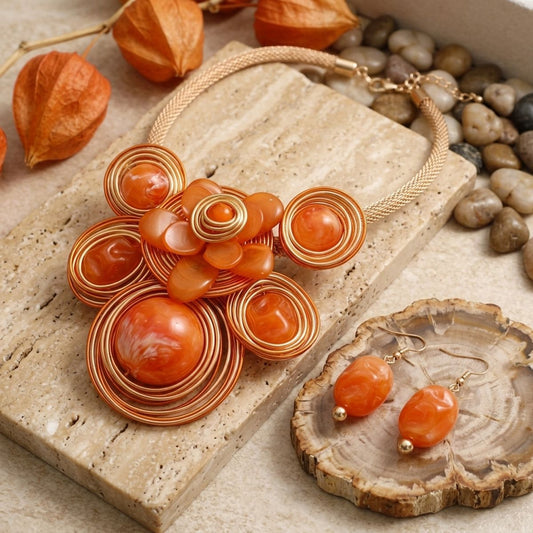 Orange Flower Wire Wrapped Bead Bib Necklace