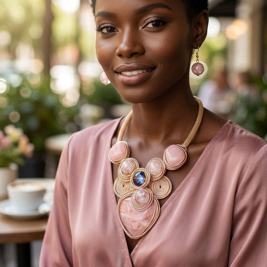 Soft Pink Coiled Wire Heart Handmade Bib Necklace