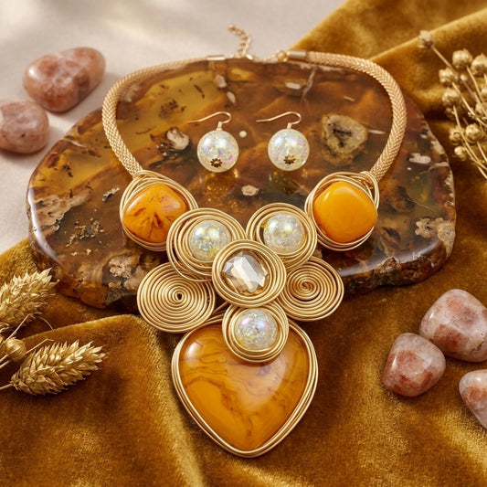 Yellow Coiled Wire Heart Handmade Bib Necklace