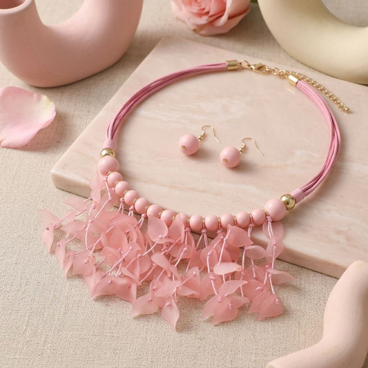 Pink Cascading Leaves Beaded Cord Necklace
