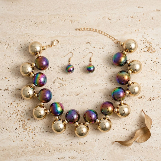 Necklace Black Iridescent Gold Bubble Ball Bead