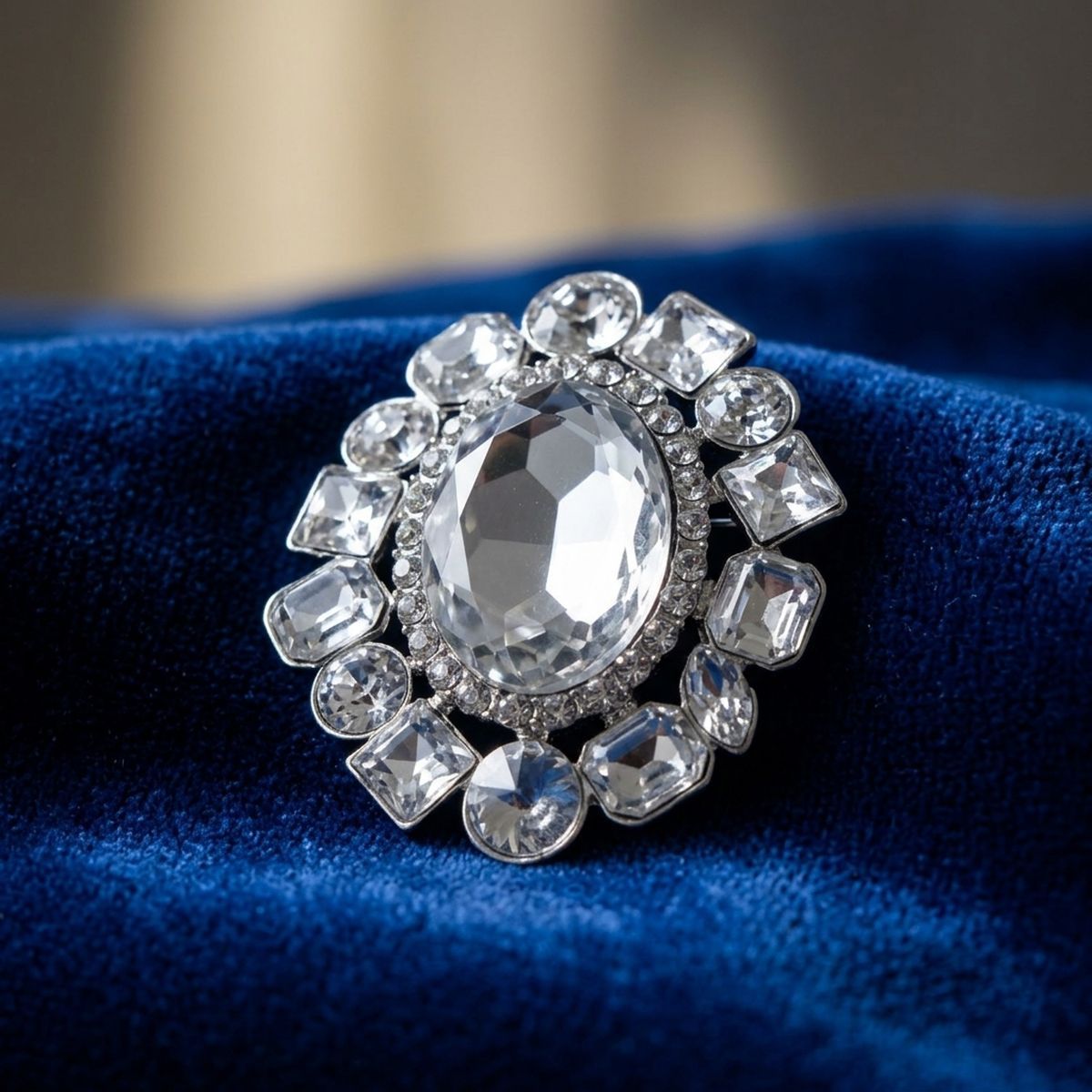 Oval Brooch Silver and Clear Glass Brilliant Pin