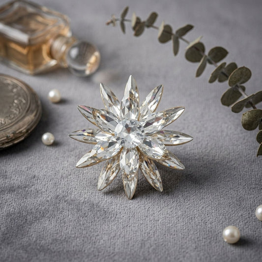 Oversized Brooch Gold Marquise Crystal Flower Pin