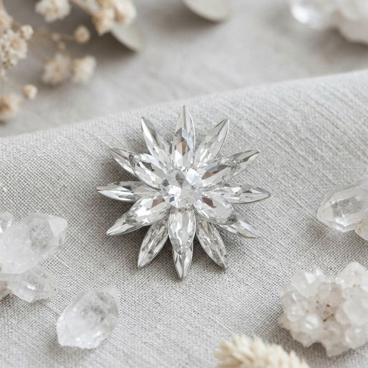 Oversize Brooch Silver Marquise Crystal Flower Pin
