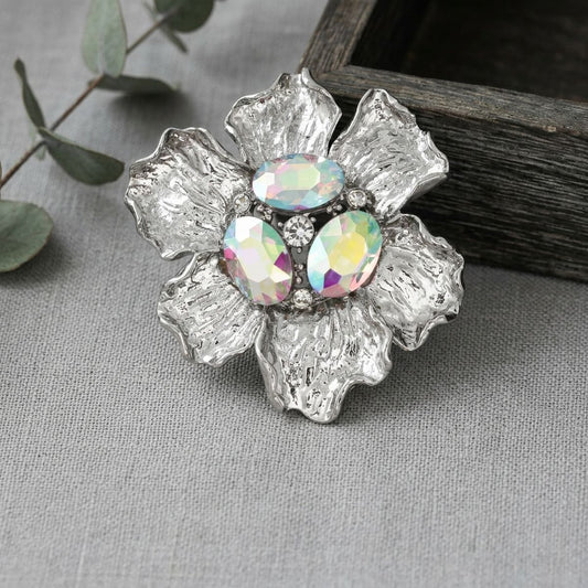 Oversized Brooch Silver Flower Aurbo Crystal Pin