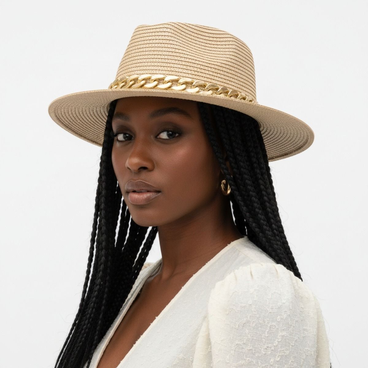 Ivory Chain Band Fedora Panama Hat