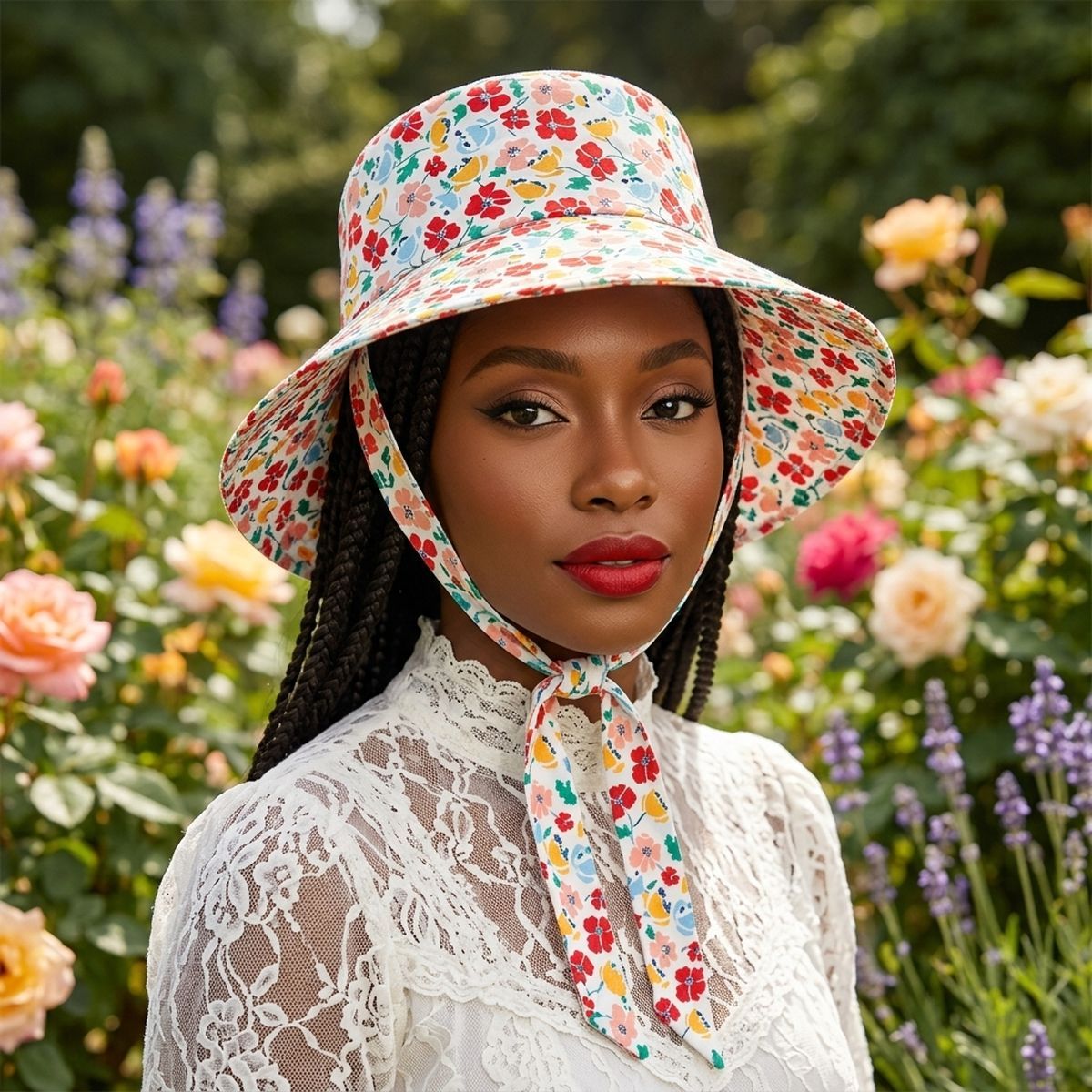Vintage Red Floral Chin Tie Bucket Hat