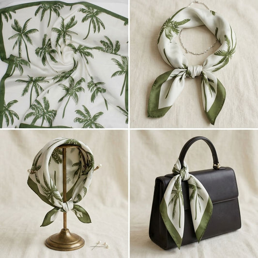 Silky Square Green Palm Tree Print Fashion Scarf