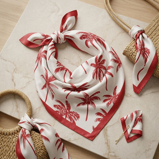 Silky Square Red Palm Tree Print Fashion Scarf