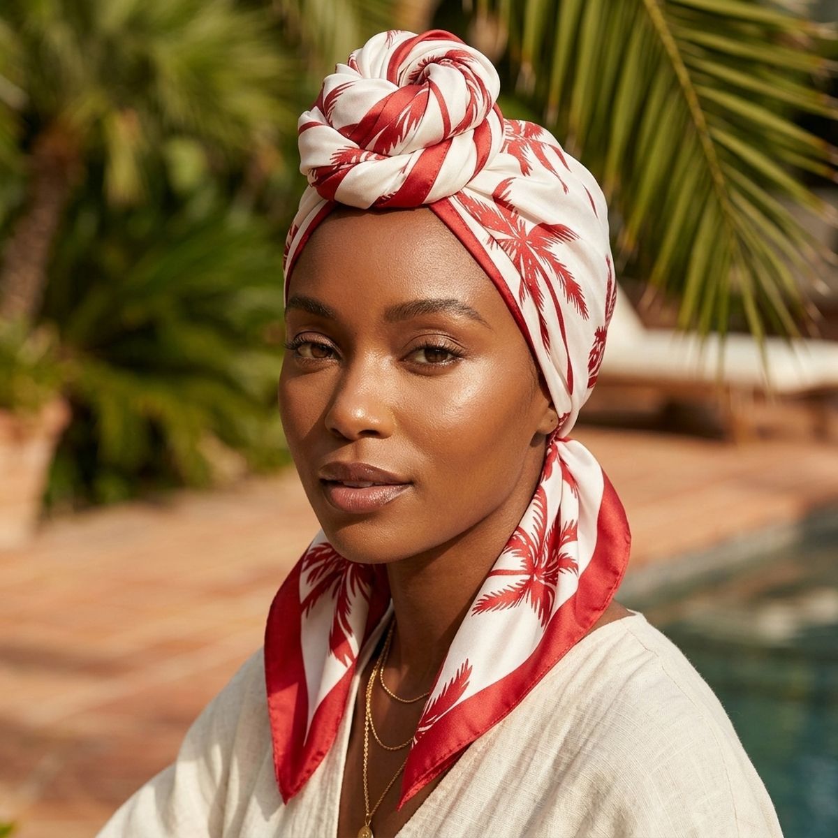 Silky Square Red Palm Tree Print Fashion Scarf