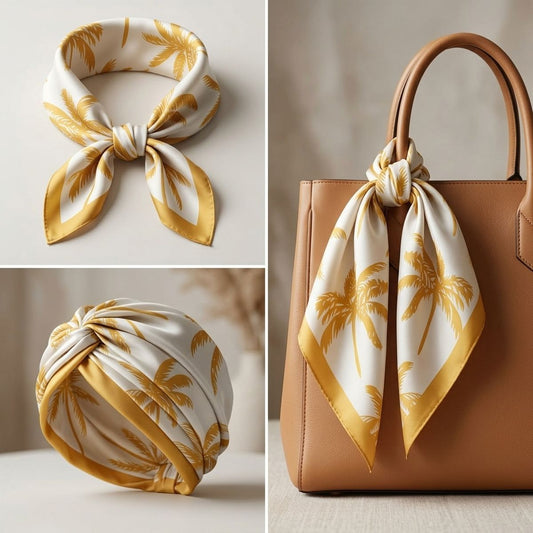 Silky Square Yellow Palm Tree Print Fashion Scarf