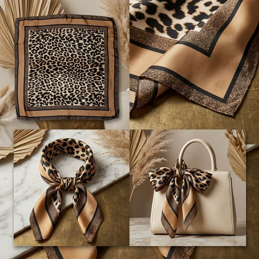 Silky Square Brown Leopard Tan Edge Fashion Scarf