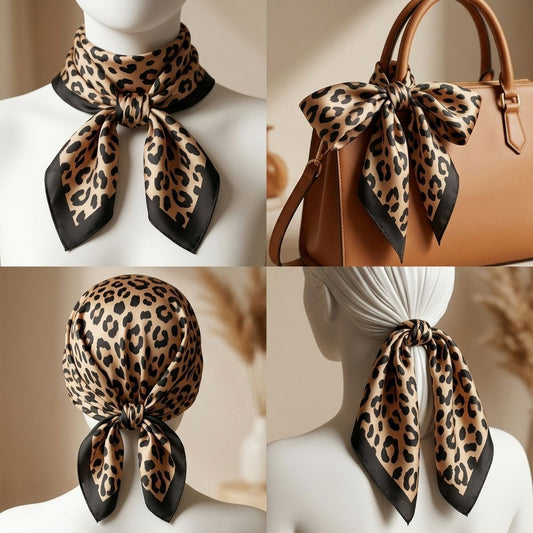 Silky Square Brown and Black Leopard Fashion Scarf
