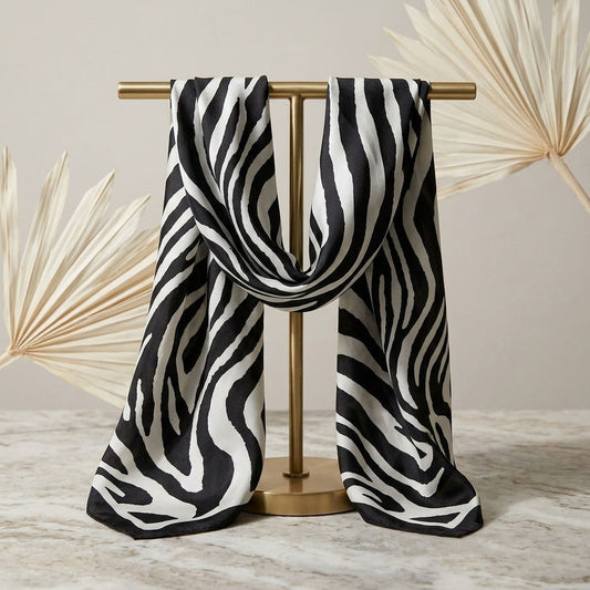 Silky Square Black Cream Zebra Print Fashion Scarf