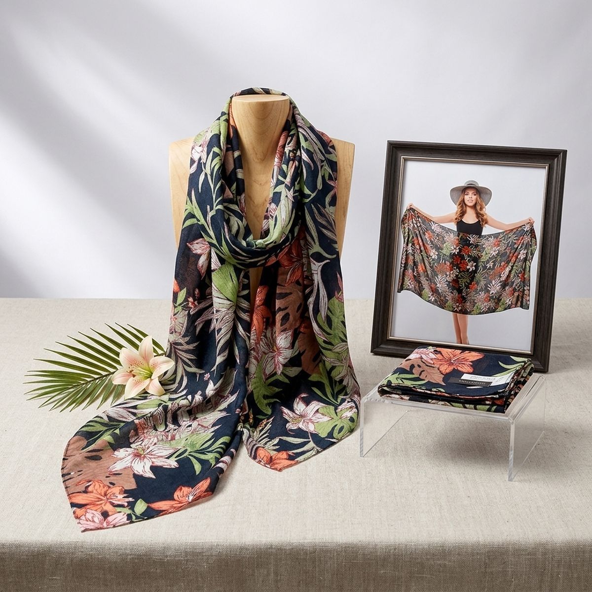 Long Black Palm Leaf Print Scarf |74" x 35"
