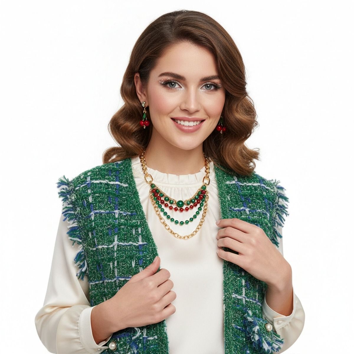 Silver Threaded Luxe High Quality Tweed Green Vest
